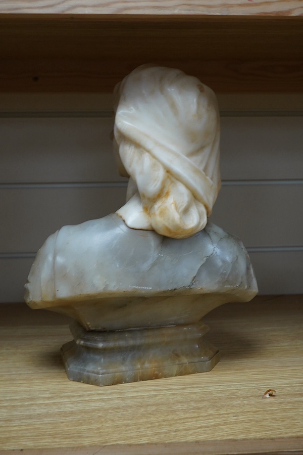 After Giuseppe Bessi (1857-1922) carved alabaster bust of Joan of Arc, plaque reads ‘A Adrien Nodot ses collègues et amis de La Maison H. Chanée & Cie 1890-1921’, 30cm. Condition - fair to good